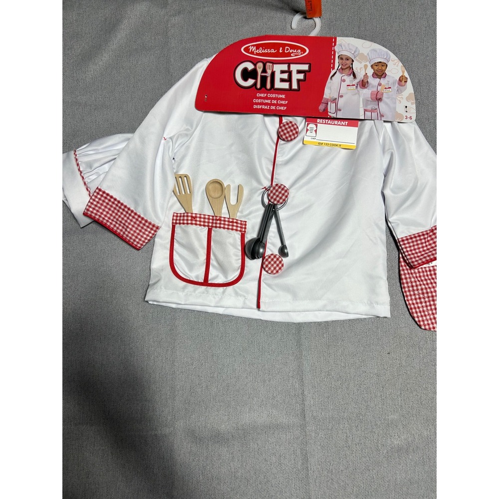 Melissa &‎ Doug Chef Costume Kids Size 3-6 White Red Gingham Role Play Set